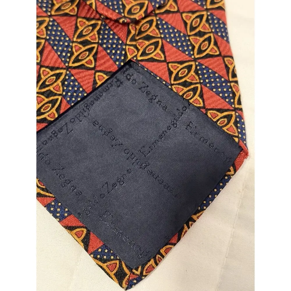 Ermenegildo Zegna 100% Silk Tie Red Navy Gold Geometric Luxury Mens Necktie